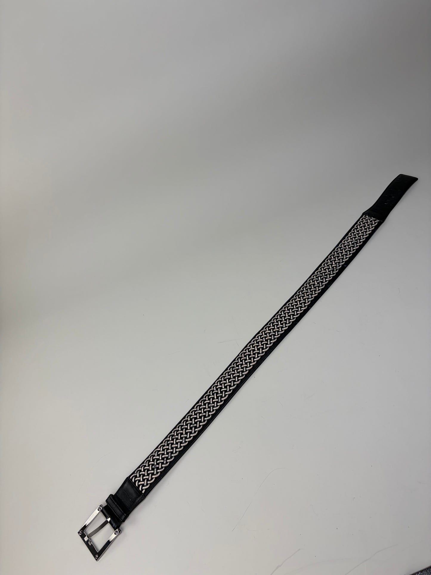 Vintage Loewe Leather Woven Textile Belt Black Silver