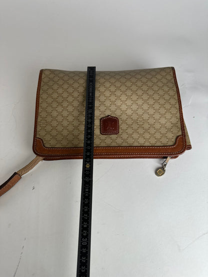 Vintage Celine Paris Triomphe Monogram Leather Clutch Beige Brown