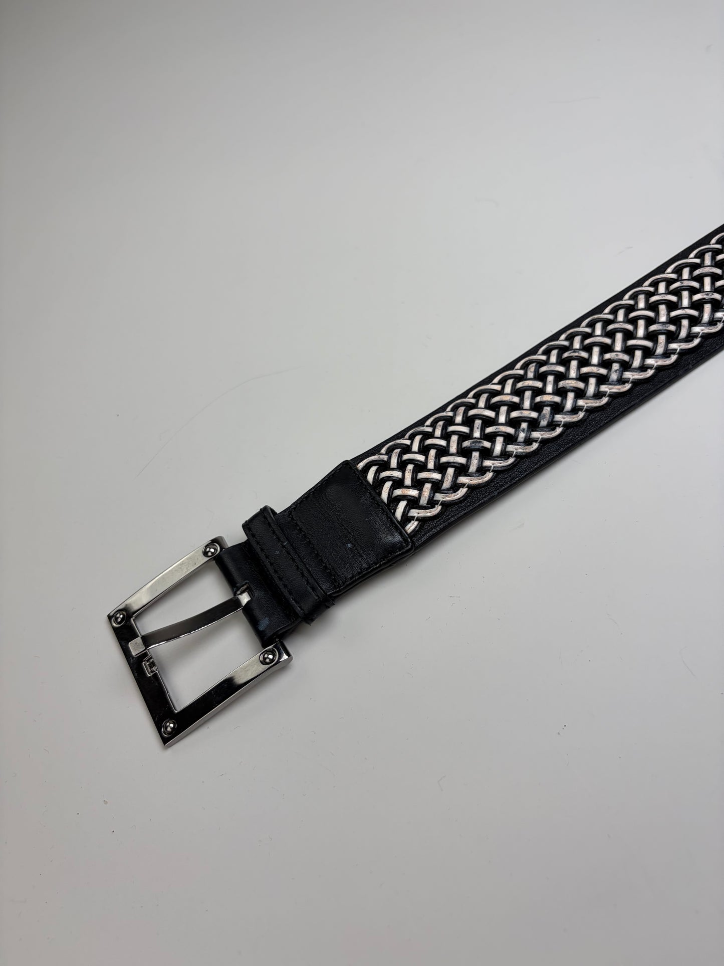 Vintage Loewe Leather Woven Textile Belt Black Silver