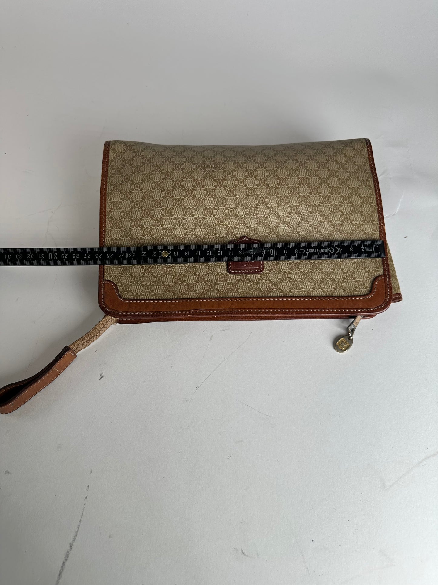 Vintage Celine Paris Triomphe Monogram Leather Clutch Beige Brown