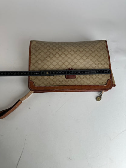 Vintage Celine Paris Triomphe Monogram Leather Clutch Beige Brown