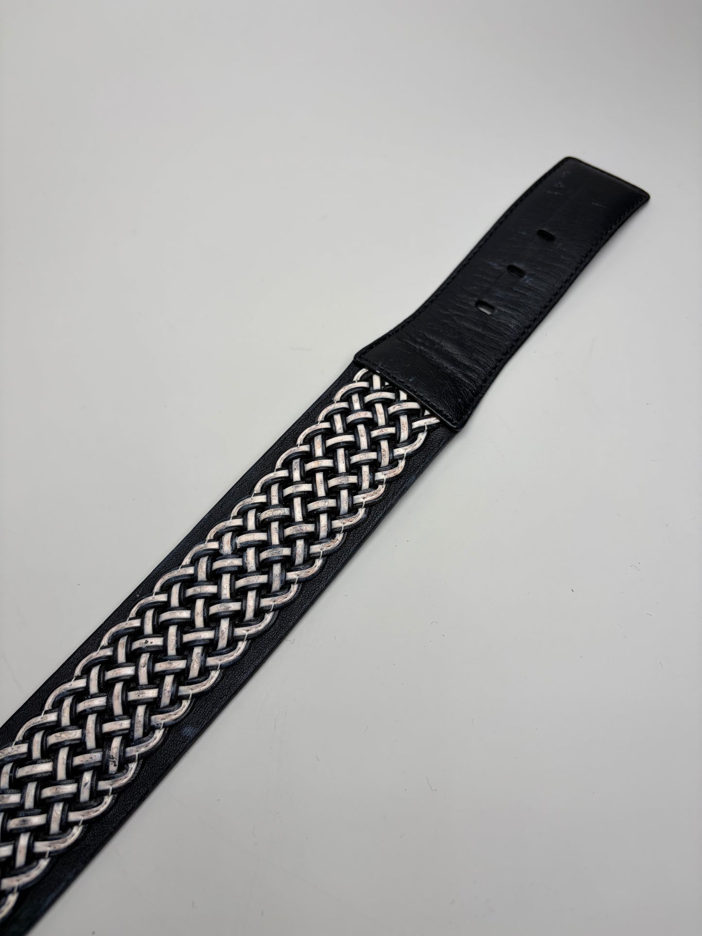 Vintage Loewe Leather Woven Textile Belt Black Silver
