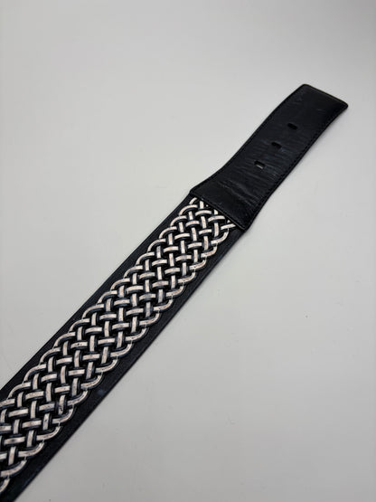 Vintage Loewe Leather Woven Textile Belt Black Silver