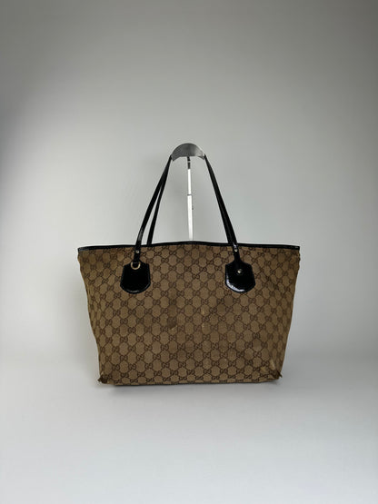 Vintage Gucci GG Supreme Tote Bag Beige Brown Black Hardware
