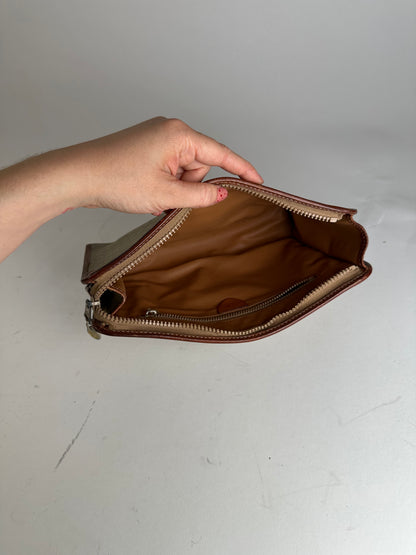 Vintage Celine Paris Triomphe Monogram Leather Clutch Beige Brown