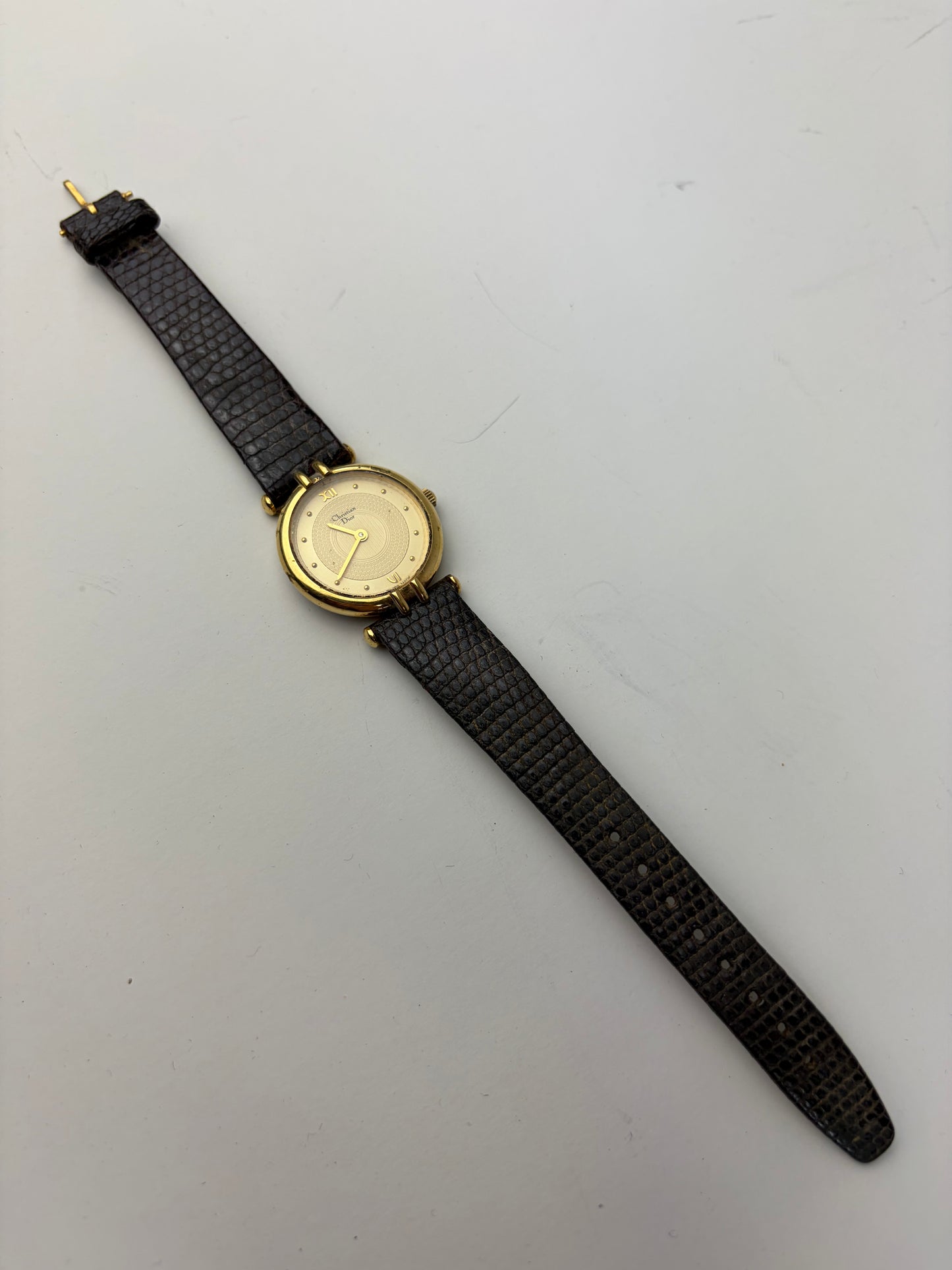 Vintage Dior Crocodile-Embossed Leather Bracelet Watch Gold Black