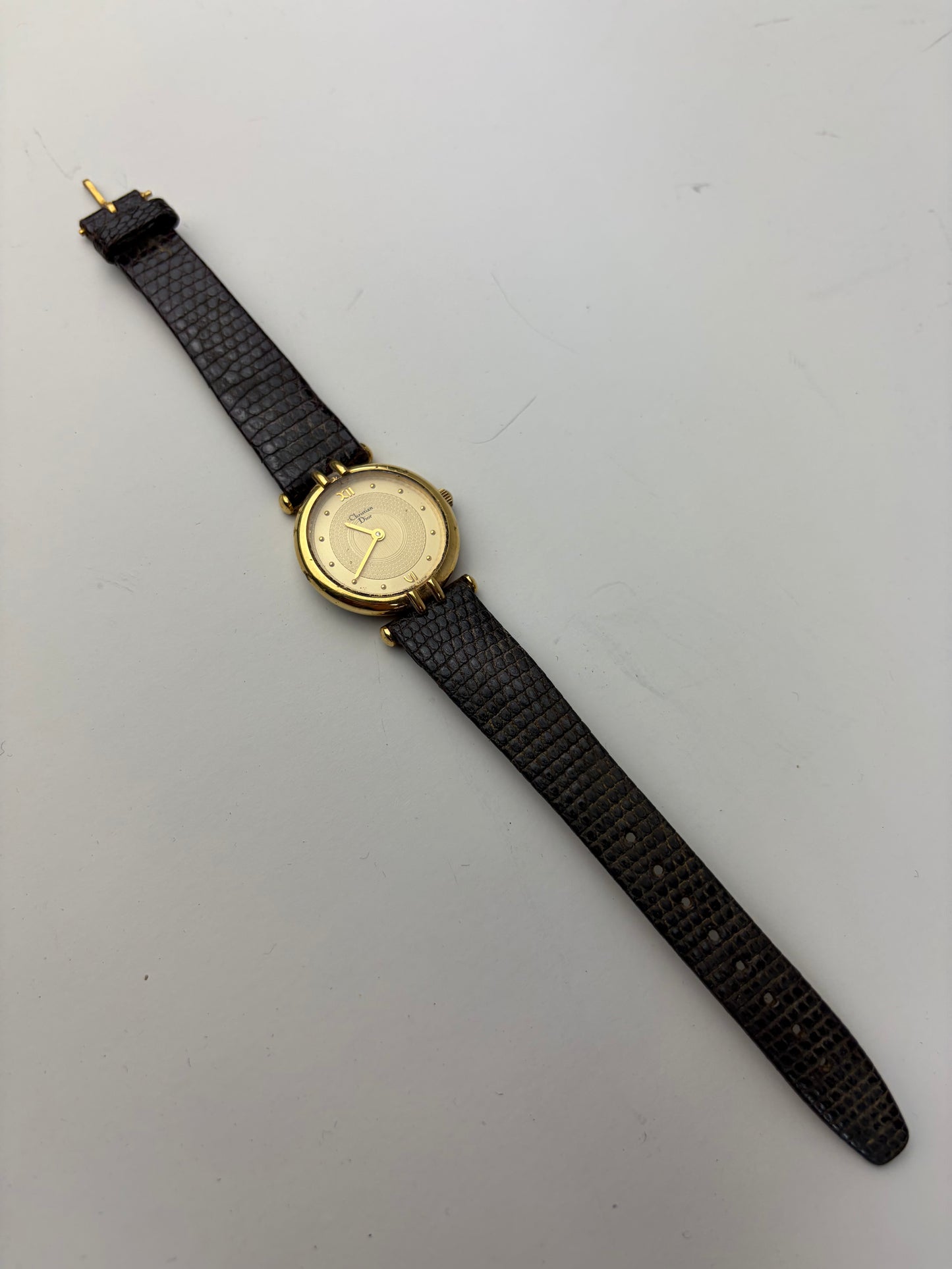 Vintage Dior Crocodile-Embossed Leather Bracelet Watch Gold Black