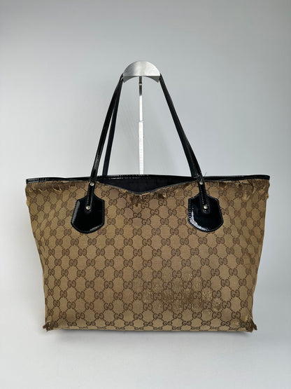 Vintage Gucci GG Supreme Tote Bag Beige Brown Black Hardware