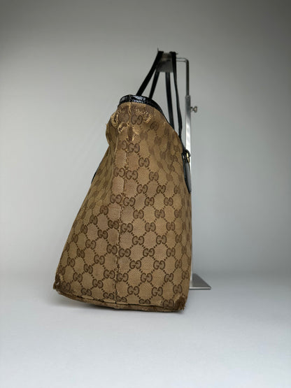 Vintage Gucci GG Supreme Tote Bag Beige Brown Black Hardware