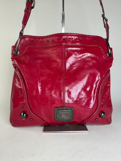 Vintage Burberry Patent Leather Shoulder Bag Red Silver