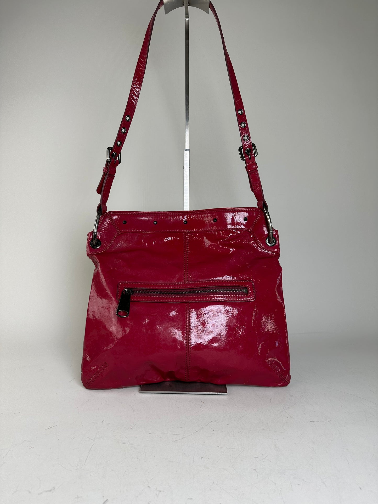 Vintage Burberry Patent Leather Shoulder Bag Red Silver