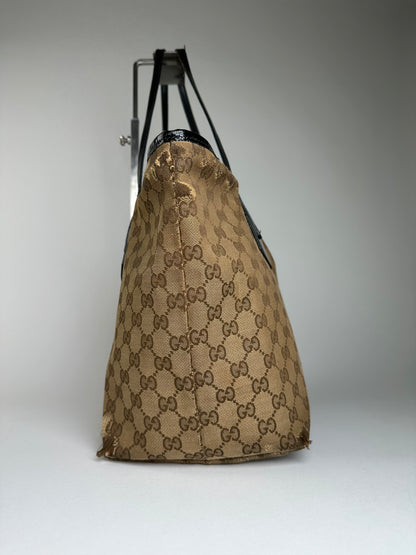 Vintage Gucci GG Supreme Tote Bag Beige Brown Black Hardware