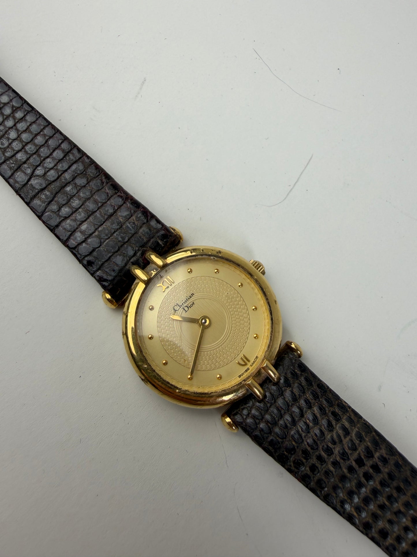 Vintage Dior Crocodile-Embossed Leather Bracelet Watch Gold Black