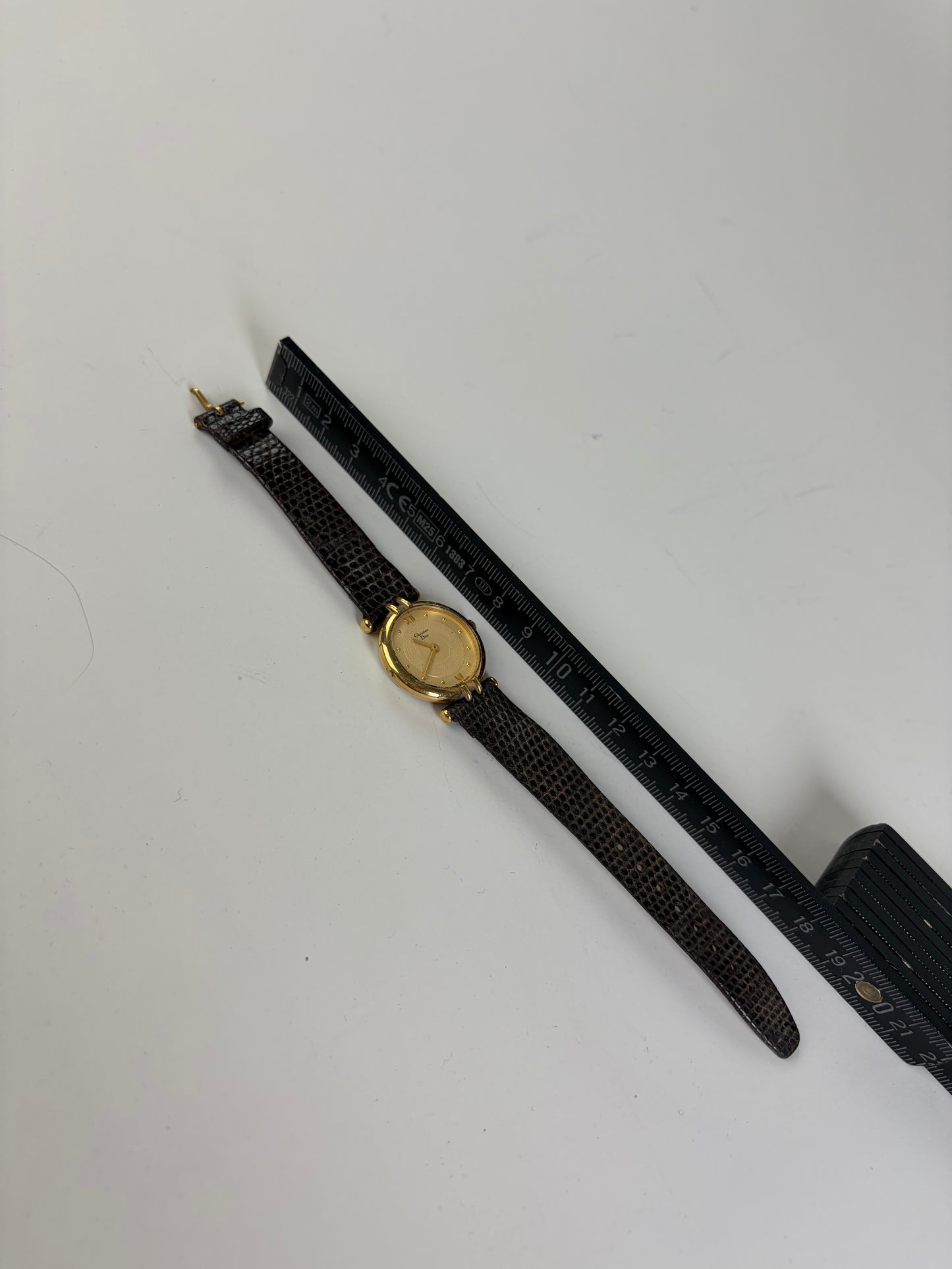 Vintage Dior Crocodile-Embossed Leather Bracelet Watch Gold Black