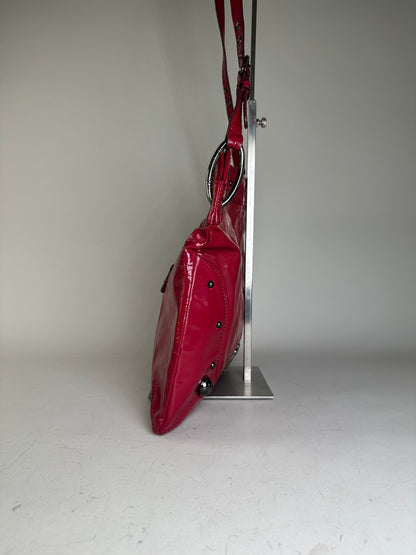 Vintage Burberry Patent Leather Shoulder Bag Red Silver