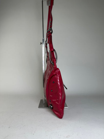 Vintage Burberry Patent Leather Shoulder Bag Red Silver