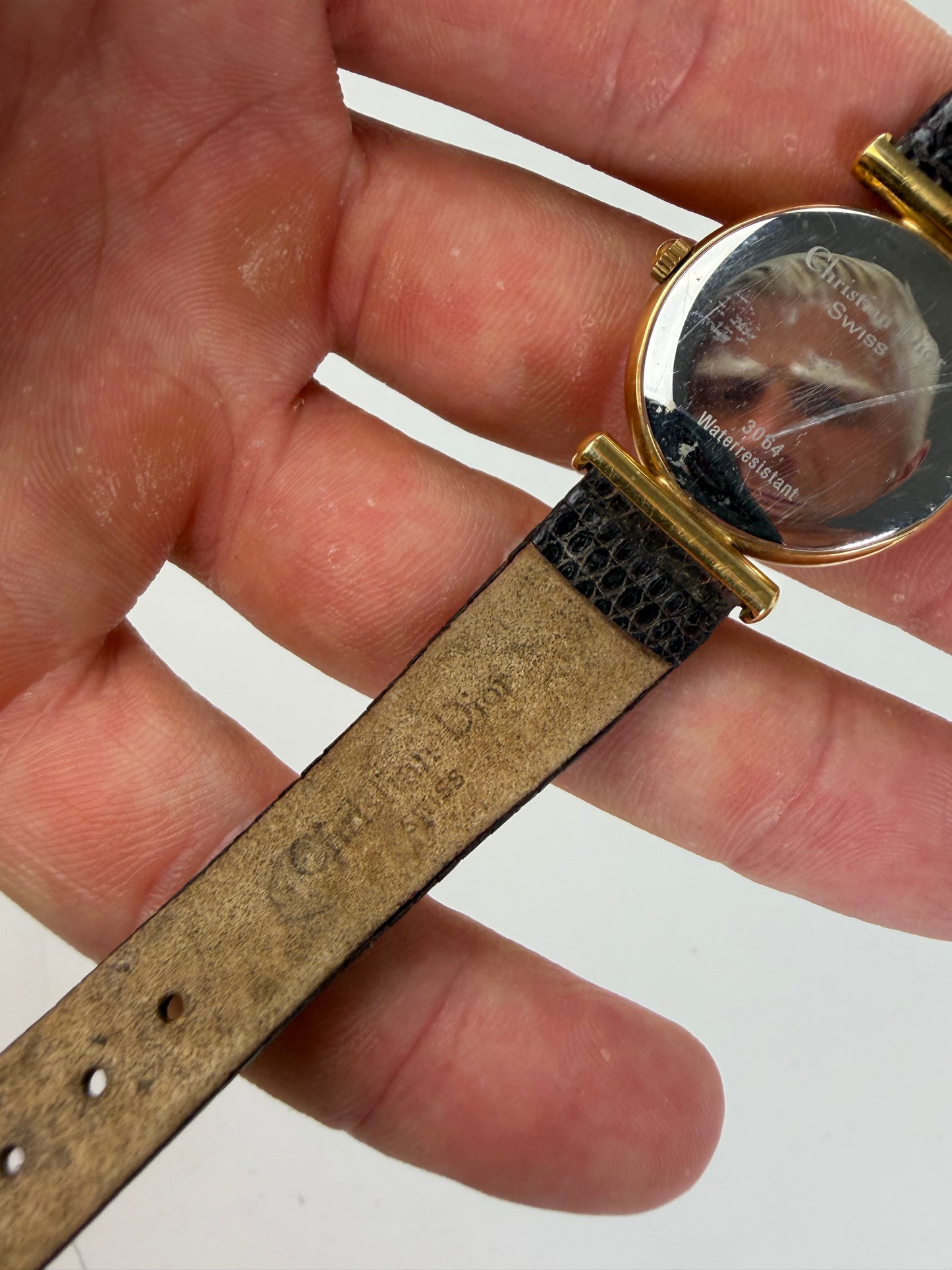 Vintage Dior Crocodile-Embossed Leather Bracelet Watch Gold Black
