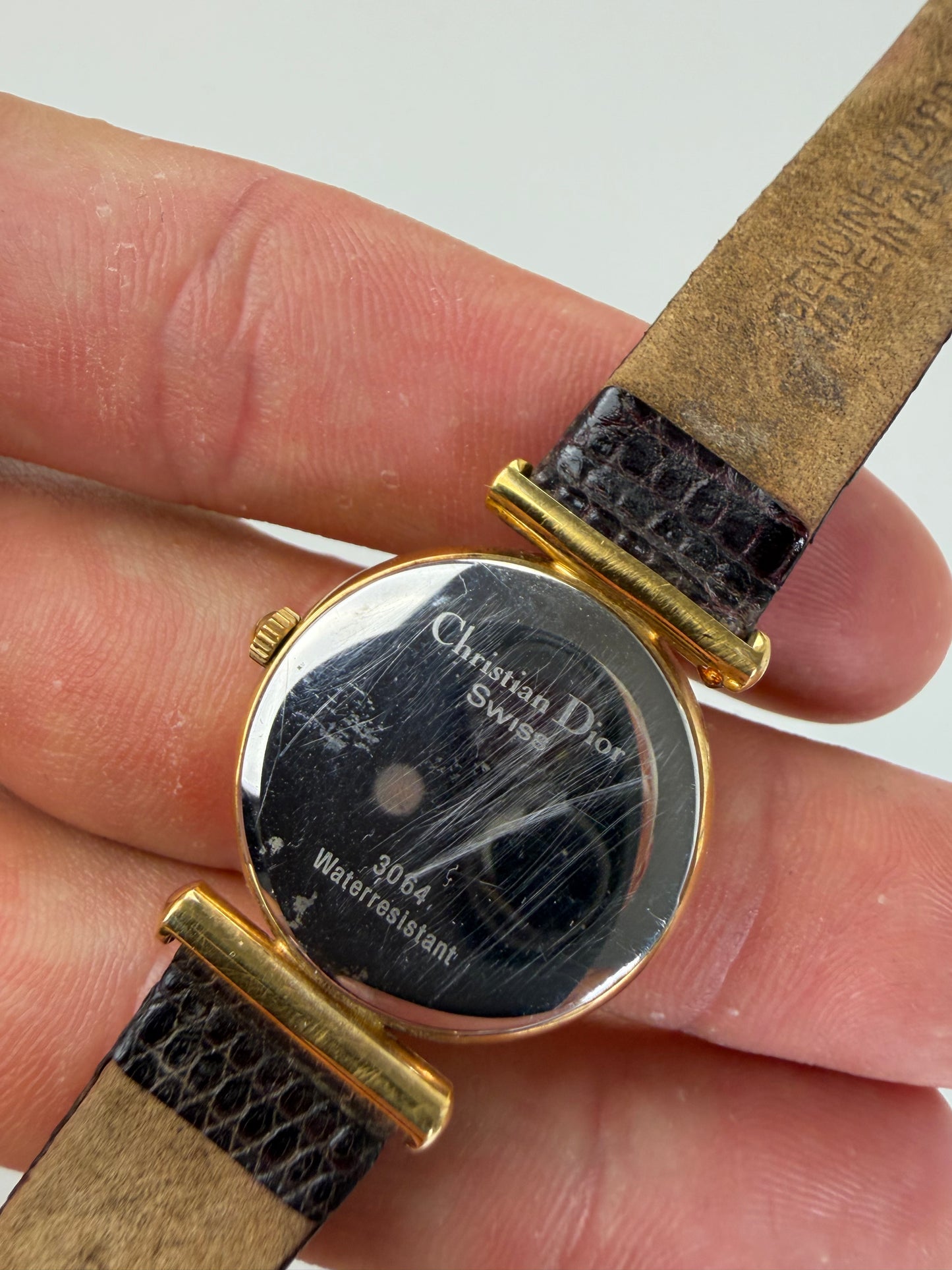 Vintage Dior Crocodile-Embossed Leather Bracelet Watch Gold Black