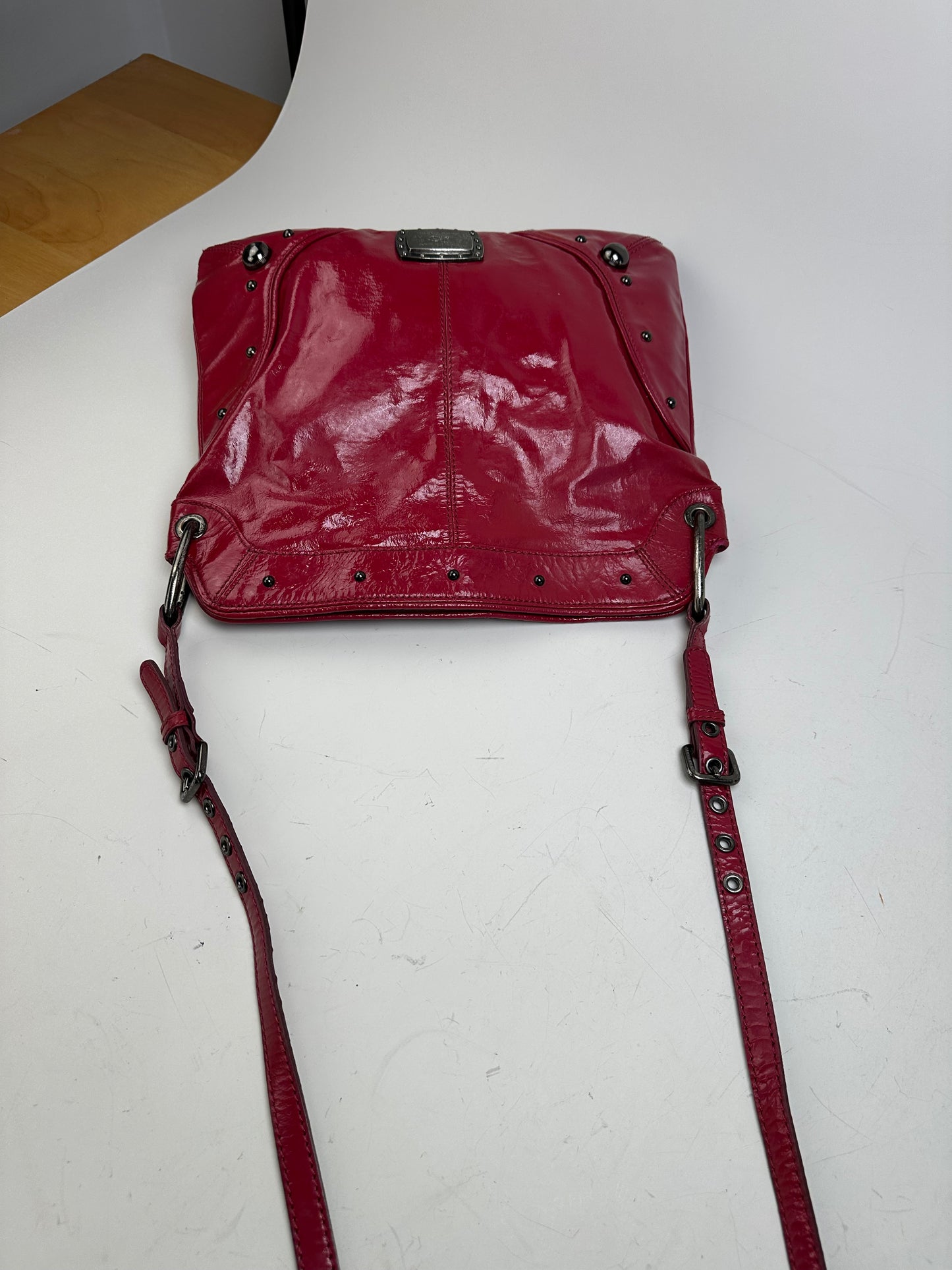 Vintage Burberry Patent Leather Shoulder Bag Red Silver