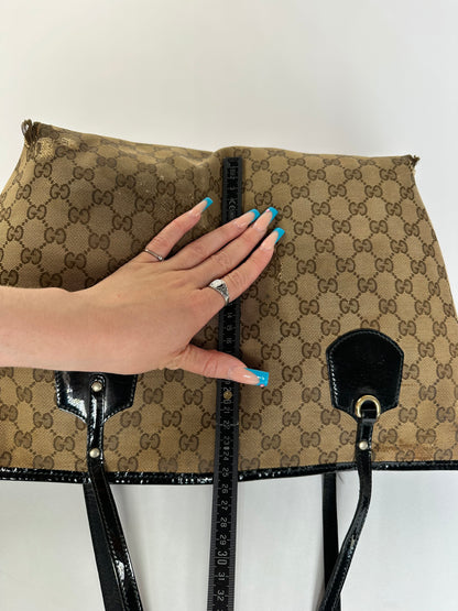Vintage Gucci GG Supreme Tote Bag Beige Brown Black Hardware