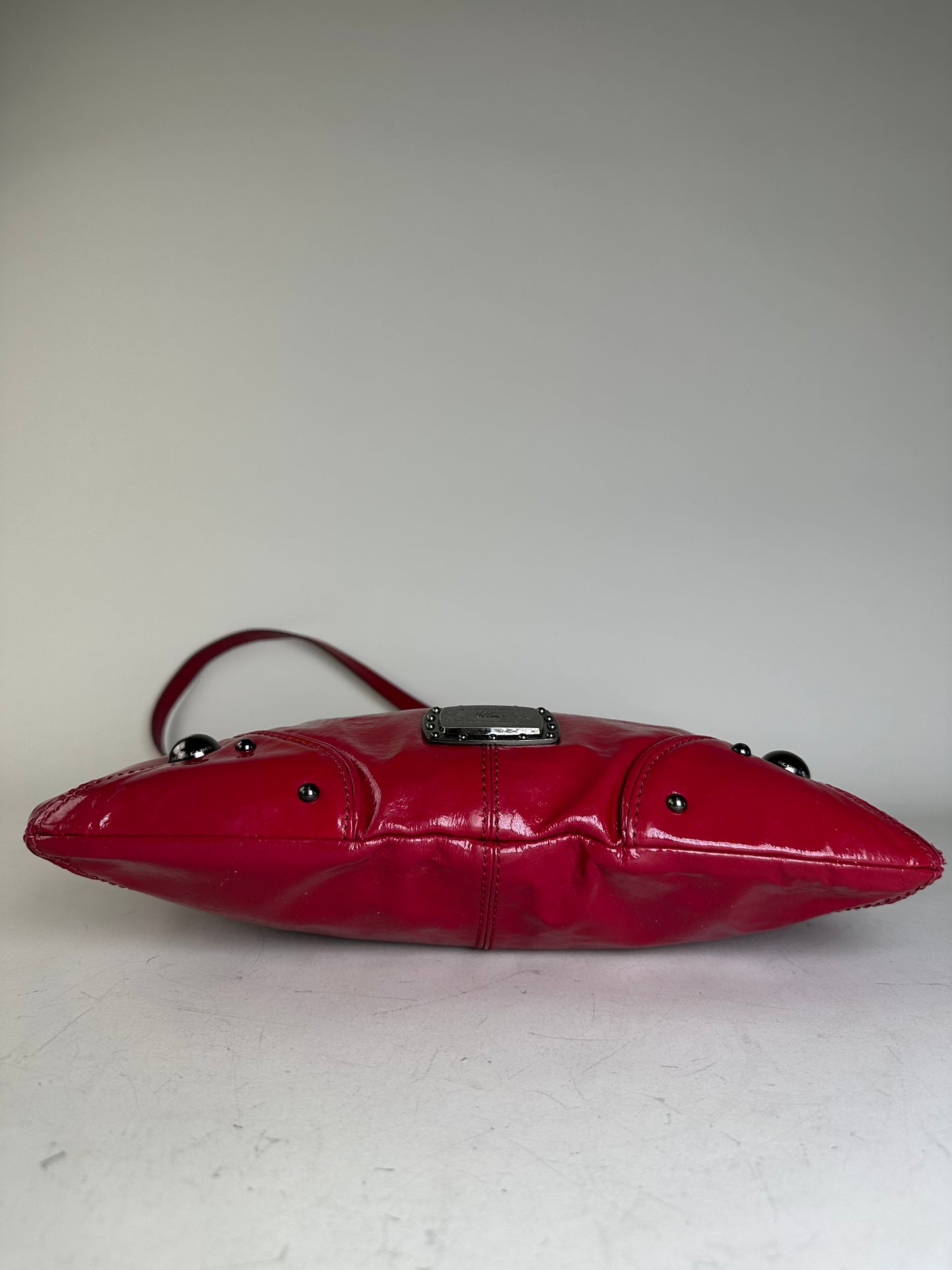 Vintage Burberry Patent Leather Shoulder Bag Red Silver