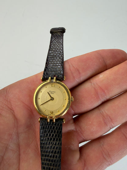 Vintage Dior Crocodile-Embossed Leather Bracelet Watch Gold Black