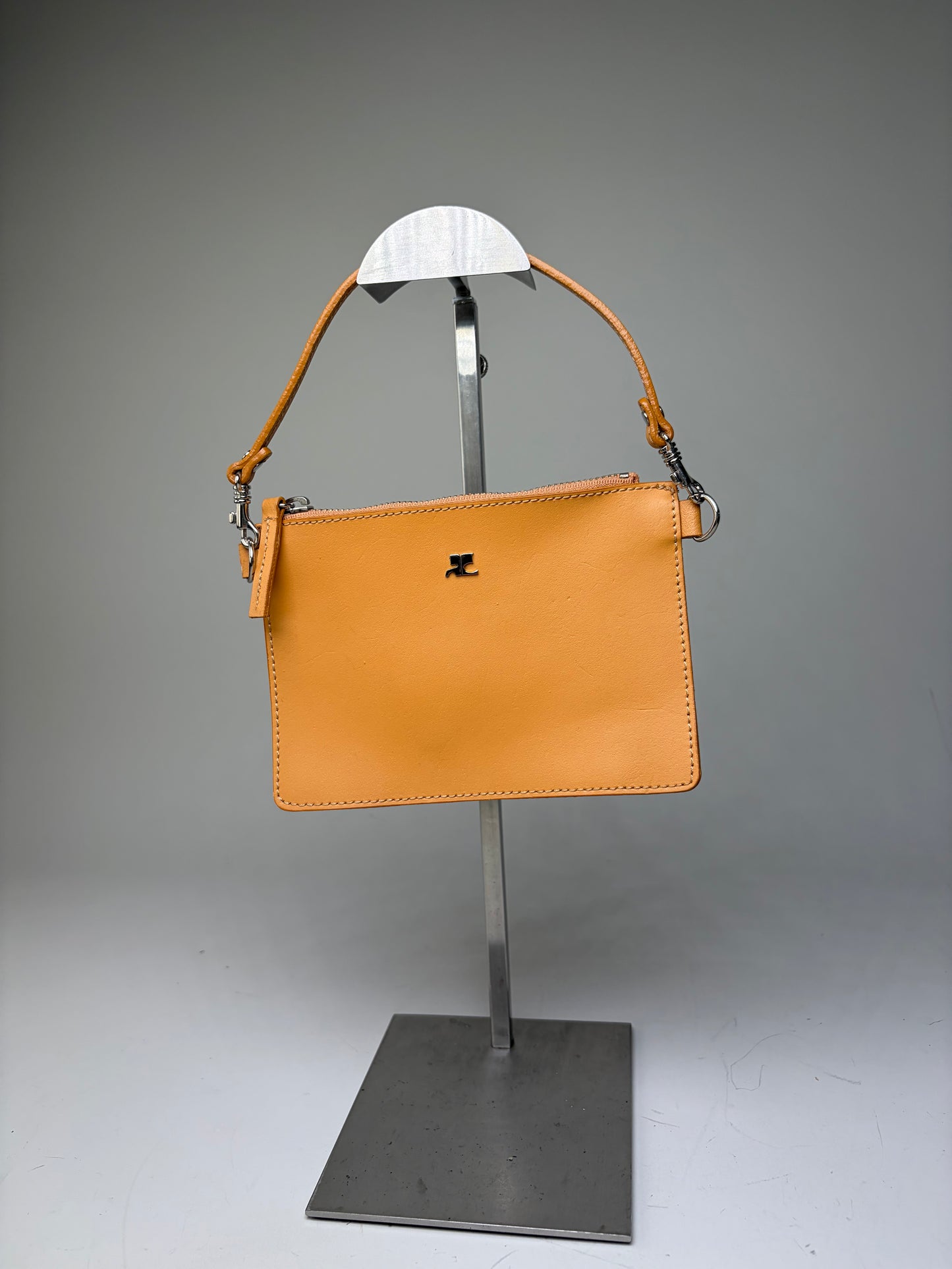 Vintage Courreges Smooth Leather Clutch Bag Orange Silver