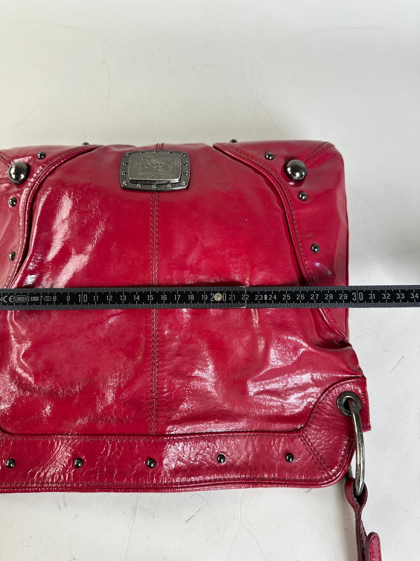 Vintage Burberry Patent Leather Shoulder Bag Red Silver