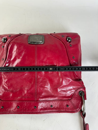 Vintage Burberry Patent Leather Shoulder Bag Red Silver