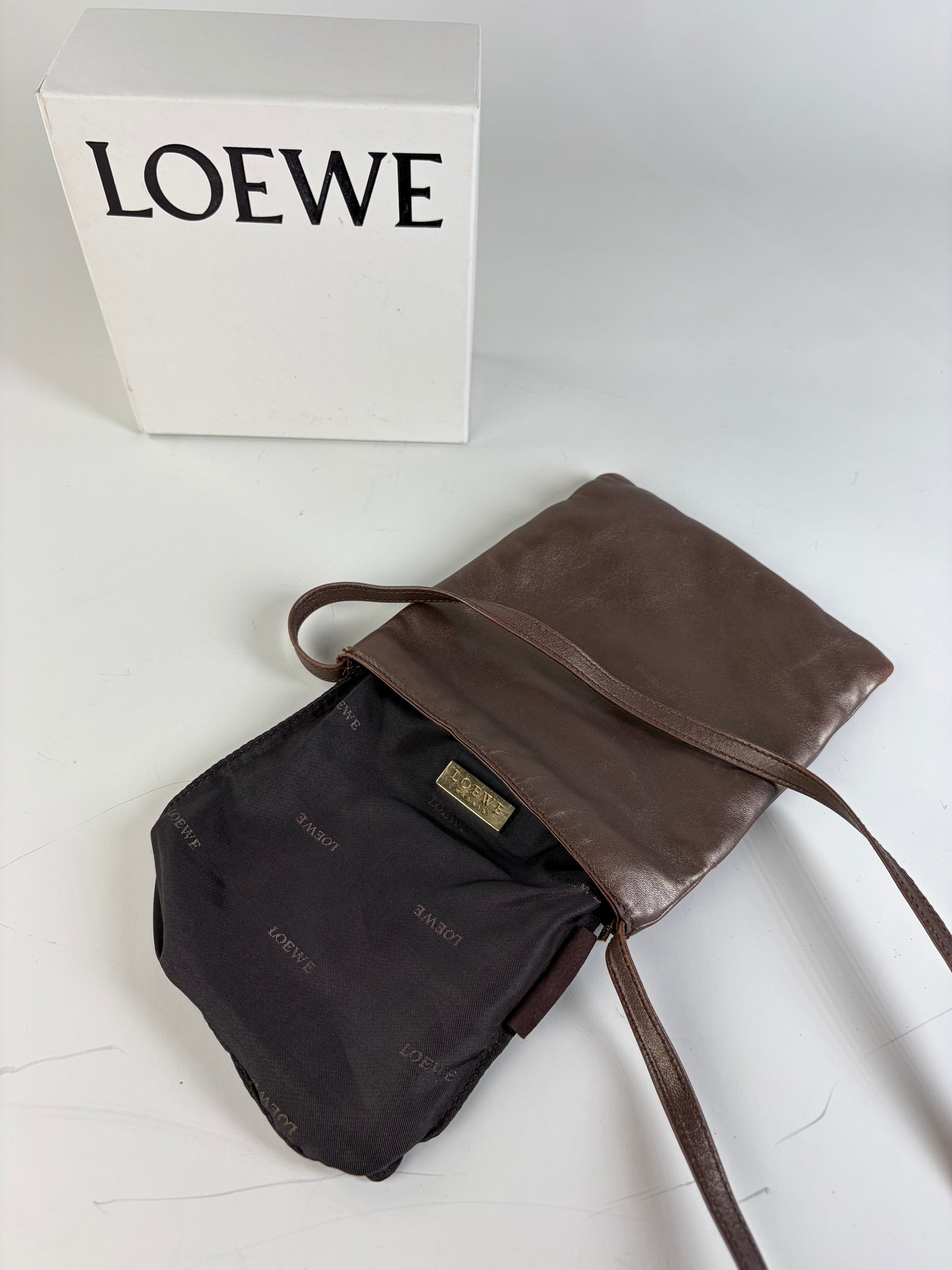 Vintage Loewe Soft Leather Crossbody Bag Dark Brown Gold