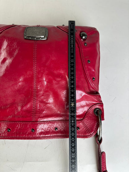 Vintage Burberry Patent Leather Shoulder Bag Red Silver
