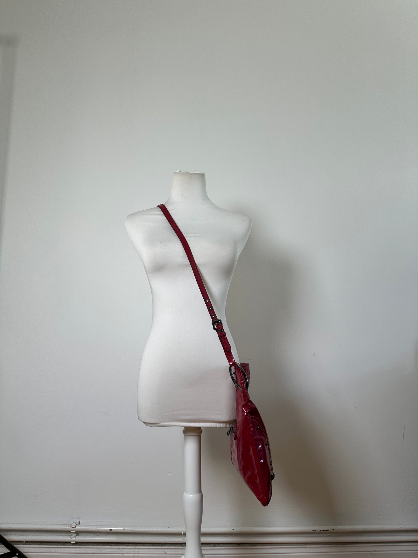 Vintage Burberry Patent Leather Shoulder Bag Red Silver