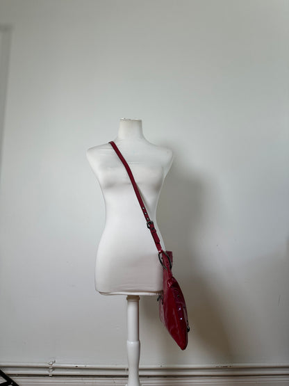 Vintage Burberry Patent Leather Shoulder Bag Red Silver