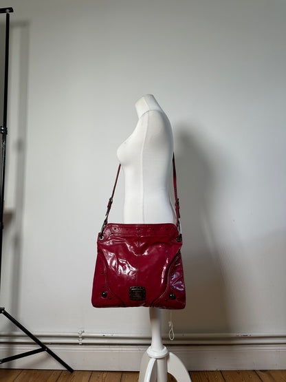 Vintage Burberry Patent Leather Shoulder Bag Red Silver