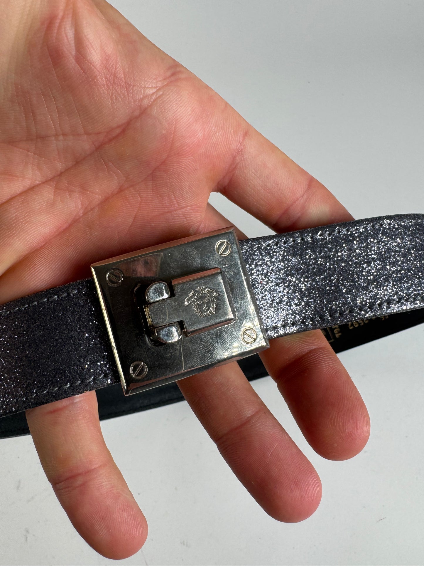 Vintage Gianni Versace Leather Belt silver sparkles
