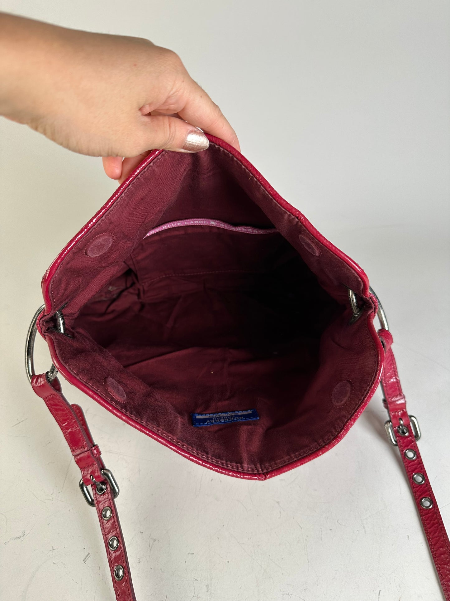 Vintage Burberry Patent Leather Shoulder Bag Red Silver