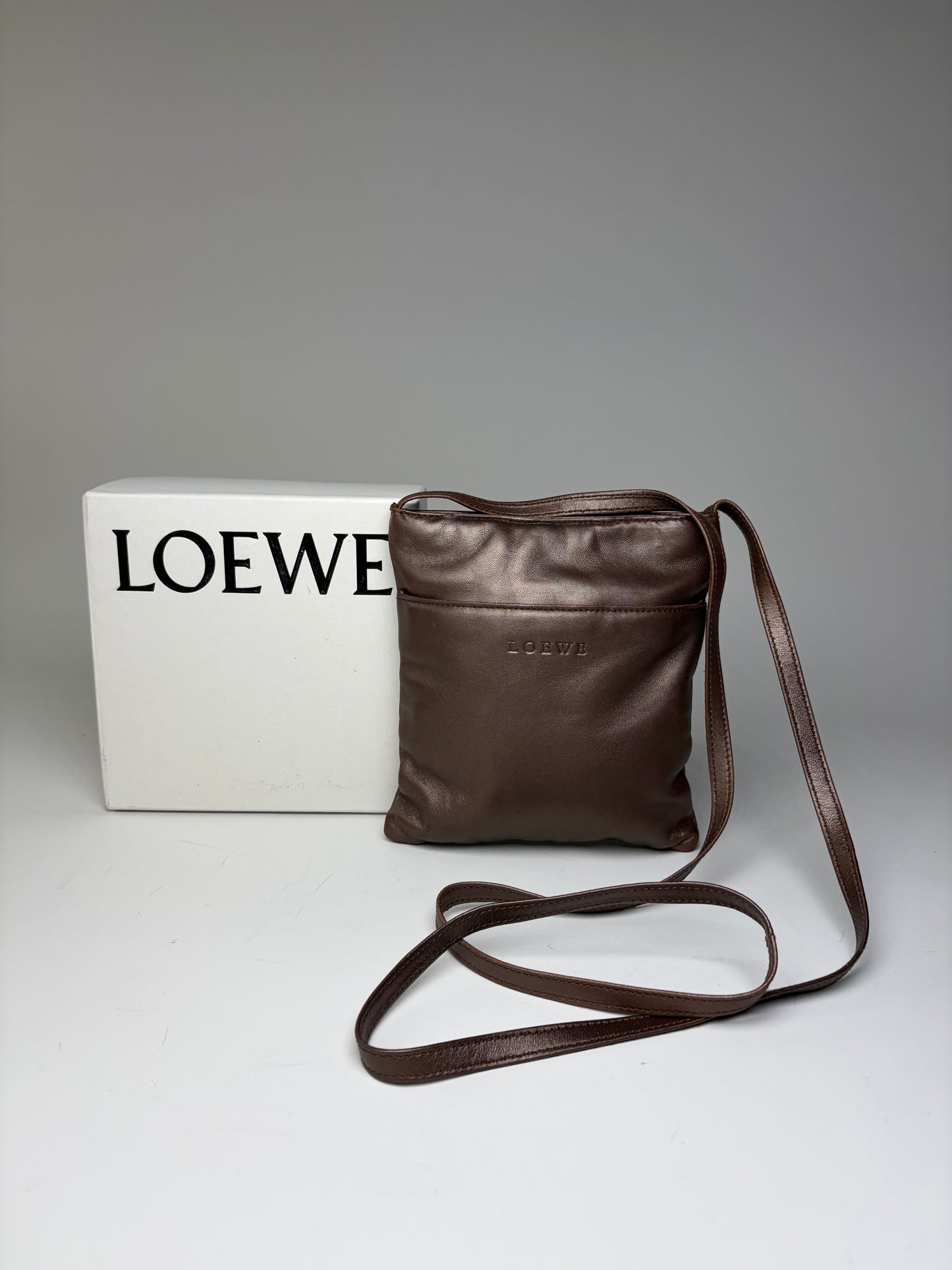 Vintage Loewe Soft Leather Crossbody Bag Dark Brown Gold