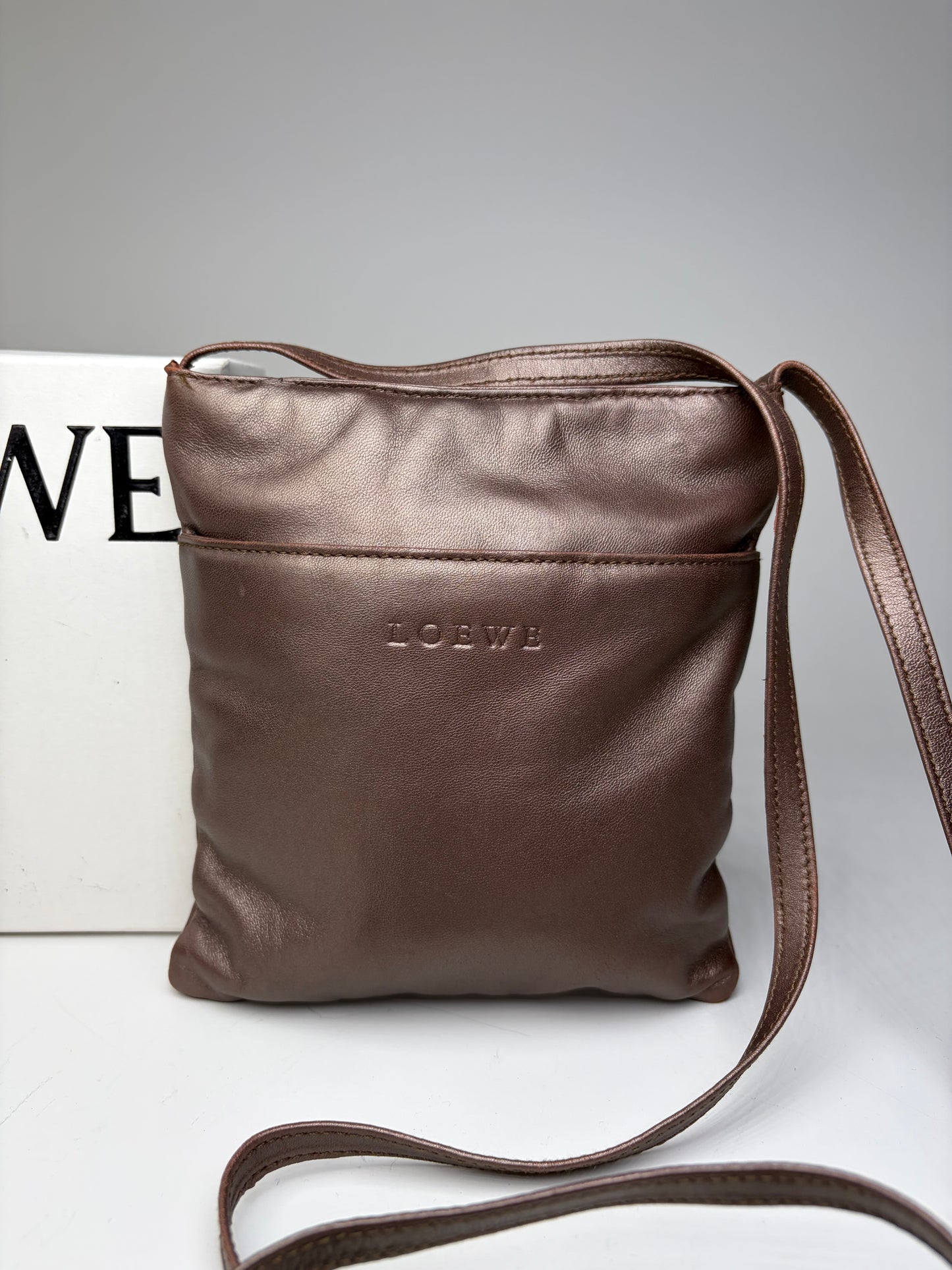 Vintage Loewe Soft Leather Crossbody Bag Dark Brown Gold