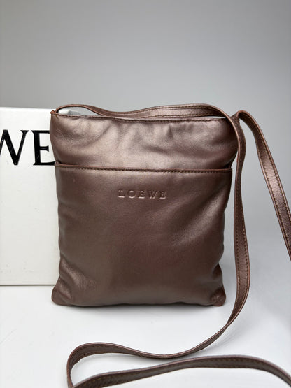 Vintage Loewe Soft Leather Crossbody Bag Dark Brown Gold