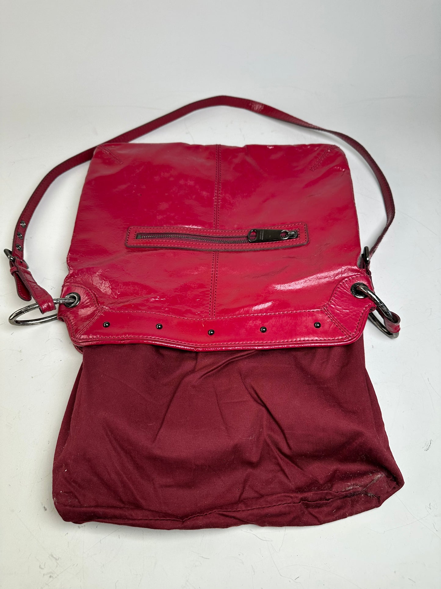 Vintage Burberry Patent Leather Shoulder Bag Red Silver