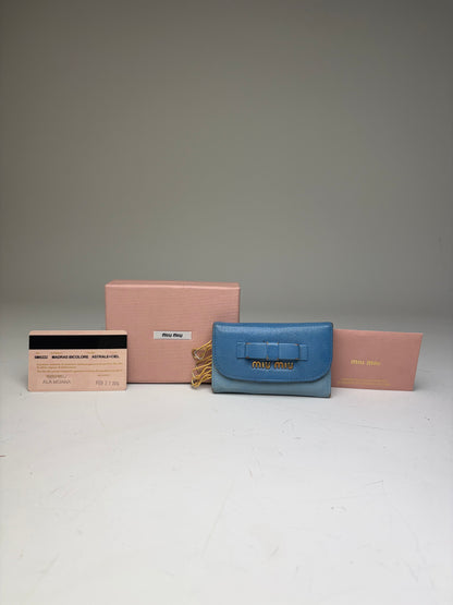 Vintage Miu Miu Leather Key Ring Holder Light Blue Navy Gold