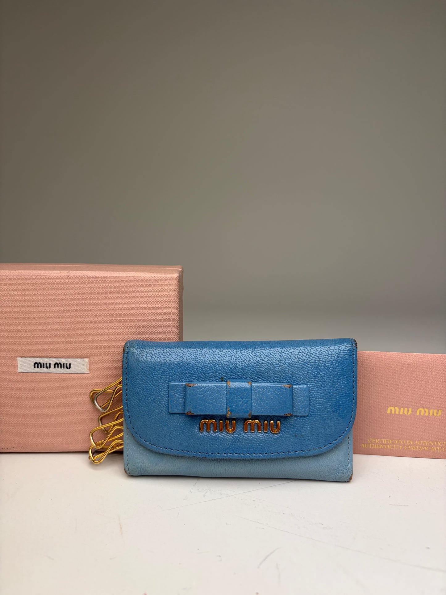 Vintage Miu Miu Leather Key Ring Holder Light Blue Navy Gold