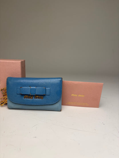 Vintage Miu Miu Leather Key Ring Holder Light Blue Navy Gold