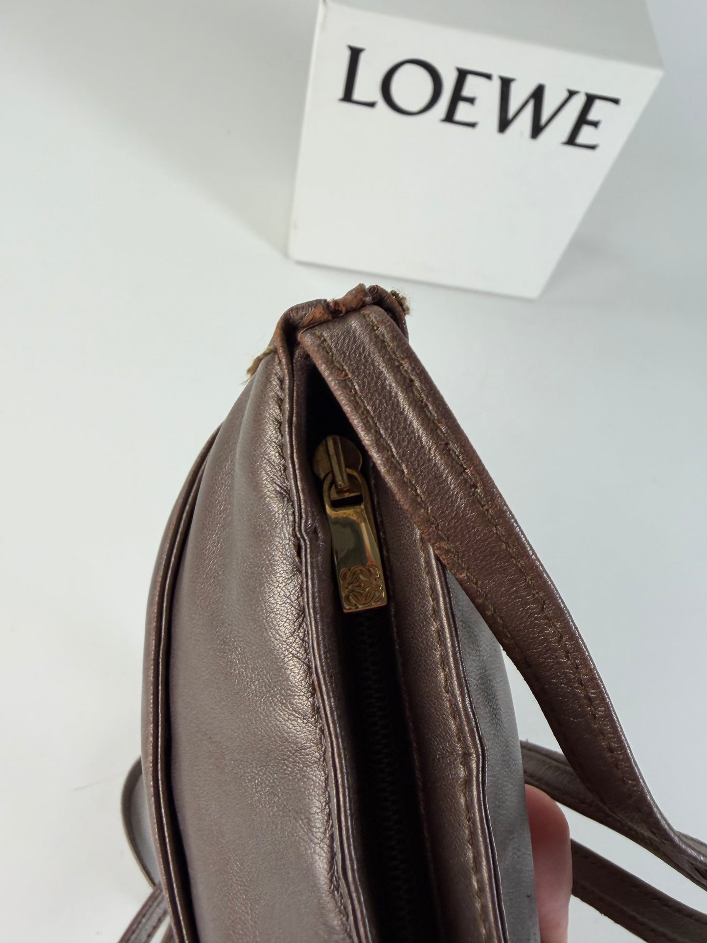 Vintage Loewe Soft Leather Crossbody Bag Dark Brown Gold