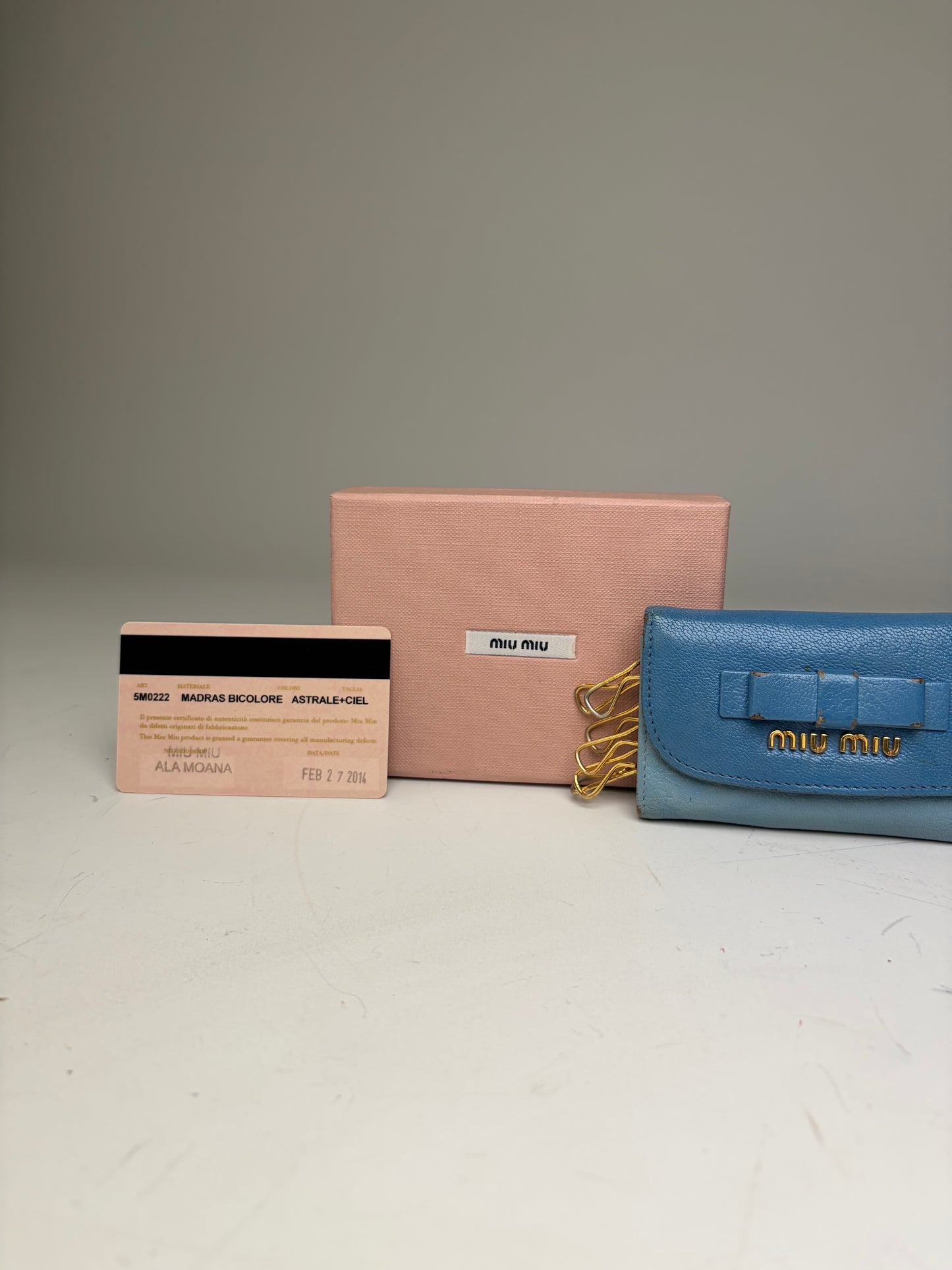 Vintage Miu Miu Leather Key Ring Holder Light Blue Navy Gold