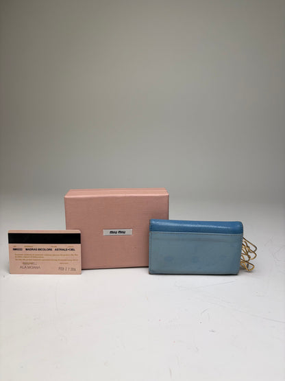 Vintage Miu Miu Leather Key Ring Holder Light Blue Navy Gold