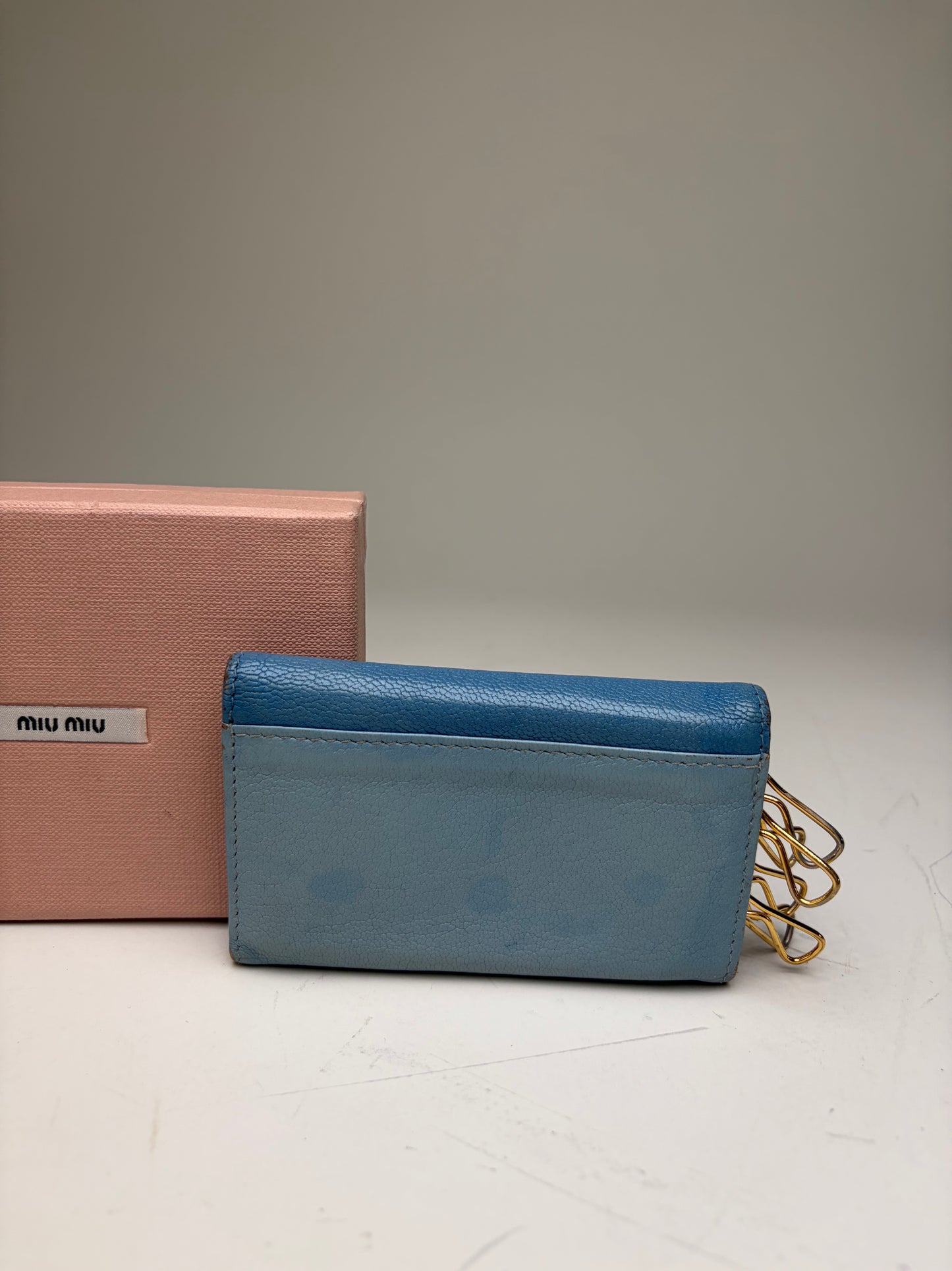 Vintage Miu Miu Leather Key Ring Holder Light Blue Navy Gold