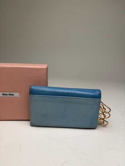 Vintage Miu Miu Leather Key Ring Holder Light Blue Navy Gold