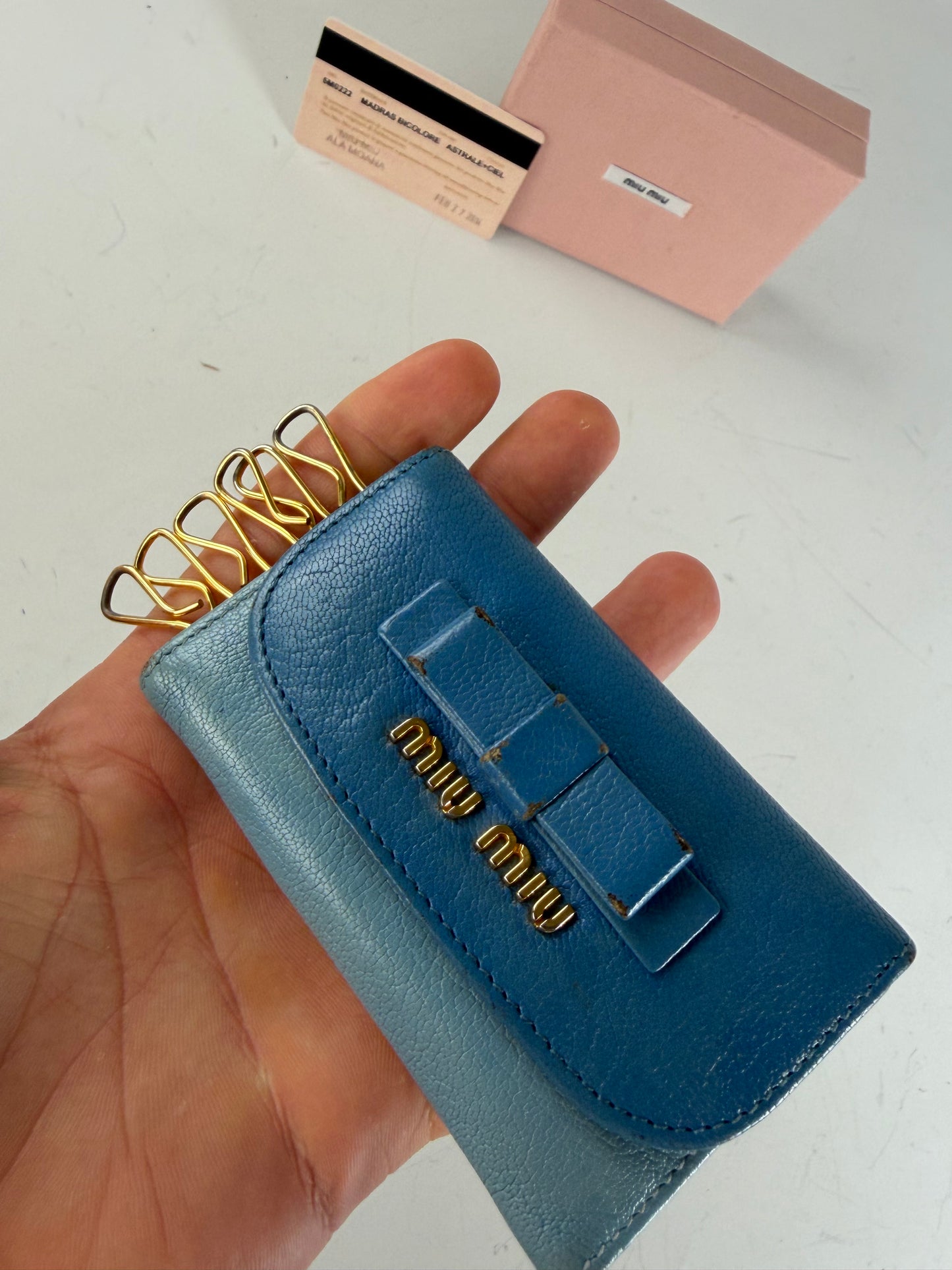 Vintage Miu Miu Leather Key Ring Holder Light Blue Navy Gold