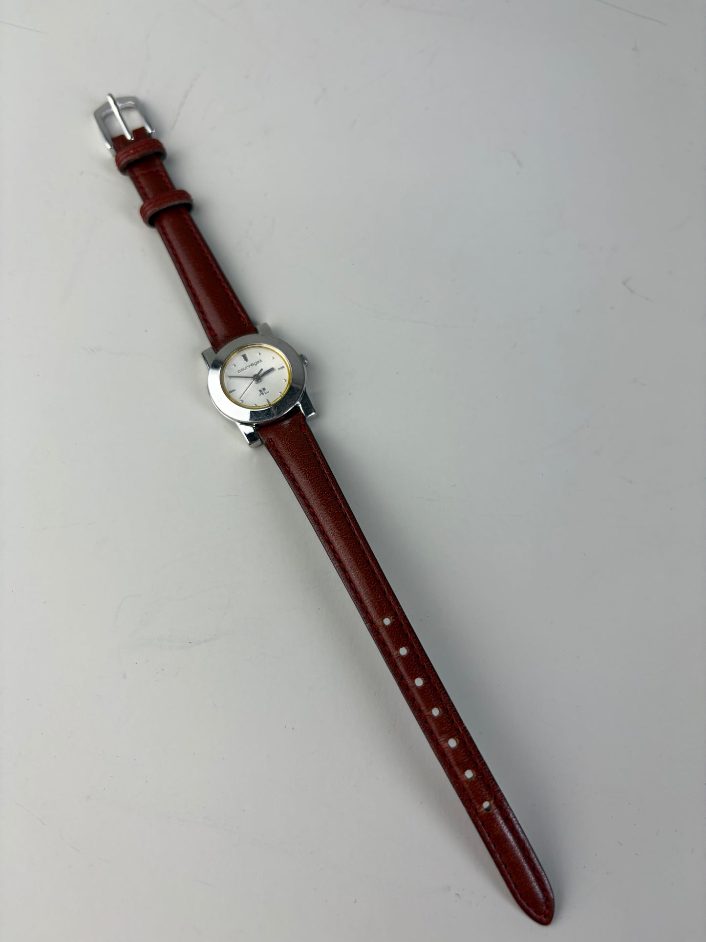 Vintage Courreges Leather Strap Watch Red Grey Silver